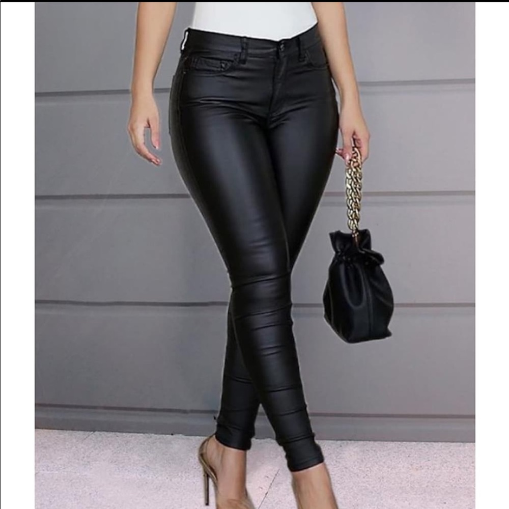 Black Metallic Leather Pants